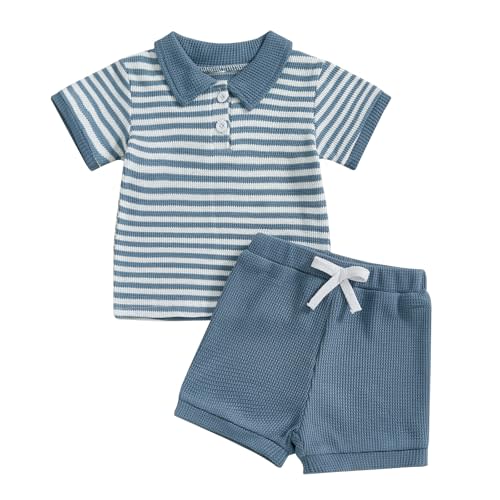 6-12 Month Size Kuriozud Newborn Baby Boy Summer Clothes Button Short Sleeve Romper Bodysuit Shorts Set Toddler Soft Waffle Outfit