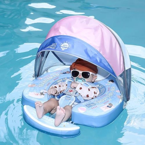 Mambobaby Baby Float with Canopy & Tail Non-Inflatable Baby Swim Float Upgrade Soft Infant Pool Float Sun Protection Newborn Pool Float 3-24 Months Skin-Friendly Material for Toddler Boys Girls
