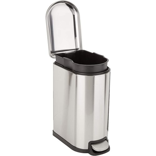 Amazon Basics D-Shaped Small Trash Can with Soft-Close Step Pedal, Removable Inner Bucket, Carrying Handle, Smudge Resistant, 10 l / 2.6 gallon, Silver