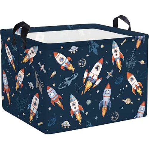 Clastyle Cosmic Space Kids Book Storage Basket Planet Clothes Laundry Basket Parents Gift Toy Box for Bedroom Shower, Rocket, 40x30x30 cm