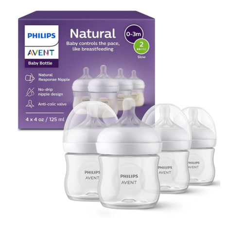 Philips Avent Natural Baby Bottles with Natural Response Nipples (Slow Flow, Flow 2), 4oz, 4-Pack, SCY900/04