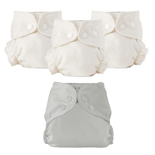 Esembly Cloth Diaper Bundle Set - 3 Organic Cotton Absorbent Inners and 1 Waterproof Outer Diaper Cover - Reusable, Washable, Snap Closure Cloth Diapers - Size 1 (7-17lbs), Dove