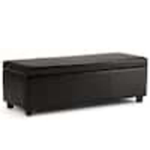 Simpli Home Avalon 48 in. Wide Vegan Leather Storage Ottoman Bench in Tanners Brown F-18A