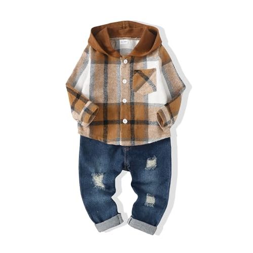 XUANHAO Baby Boy Clothes Toddler Outfits Hoodie Jeans Clothing 12 Months-5T | Sweatshirt Hooded Infant Boys Outfit,Little Boy Fall Winter Button Down Flannel Plaid Top Denim Pants Sets,Baby Gifts Clothes