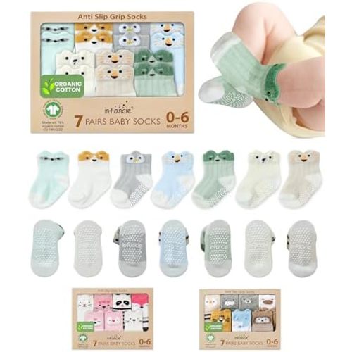 Organic Cotton GOTS Certified Baby Socks 7 Pairs 0-6 Months Soft for Infants Breathable, Newborn Socks Animal Design