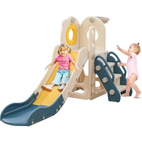 Freestanding Toddler Slide, 5 in 1 Kids Indoor Playset for Toddlers 1-3，L Shaped Slide with Basketball Hoop，Baby Climber for Indoor Outdoor for Boys and Girls Birthday, Sturdy Playground Toy