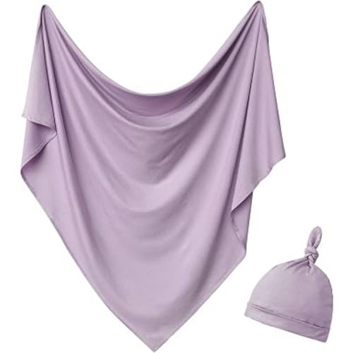 Aijoviko Newborn Swaddle Blanket Hat Set Baby Hospital Receiving Blankets | Soft Breathable Fabric,Size 35"*35" for Newborns 0-6months,Gift for Baby Boys Girls,Machine Washable,Mauve