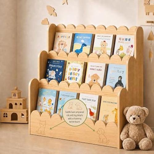 Scalloped Bookshelf 3-Tier-Montessori Kids Bookshelf-Wooden Nursery Book Display Organizer for Toddlers-Front Facing Bookcase for Playroom, Classroom and Kids Room- Bestie