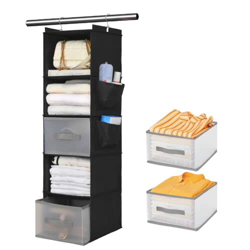 5-layer suspended fabric shelf organizer, equipped with 2 sturdy hooks, 2 separate drawers, and foldable hanging storage (black)