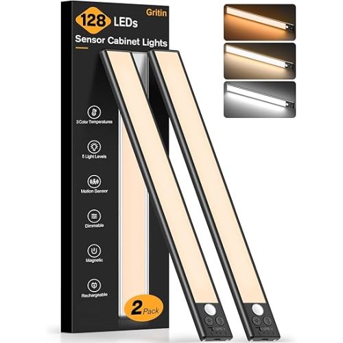 Gritin 14.7inch Under Cabinet Lighting Rechargeable 2 Pack- 3 Color Temps&5 Level Brightness, Super Bright, 4 Modes, Motion Sensor, Long Lasting - Easy Installation Magnetic Under Closet Lights-Black