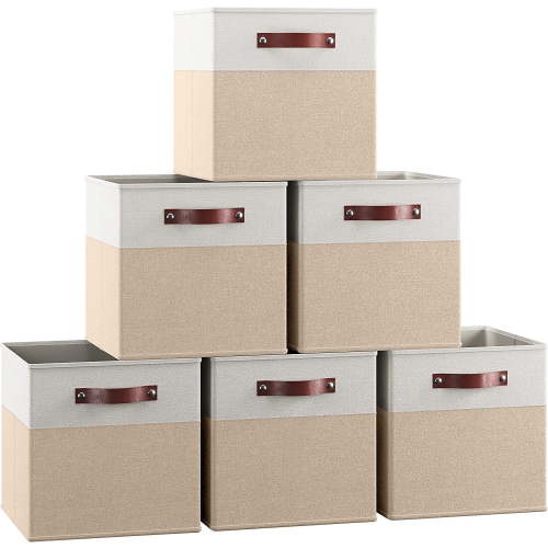 Ornavo Home Foldable Storage Bins, Set of 6, Linen Fabric Cube, Leather Handles, 11x11x11, White/Khaki