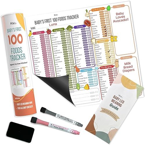 Baby First Foods Tracker & Baby Led Weaning Book Mini Guide by Mewl - 100 Foods Before 1 Checklist Reusable Dry Erase Board - Baby Feeding Essentials: Puree & BLW Supplies for Baby Magnet Board