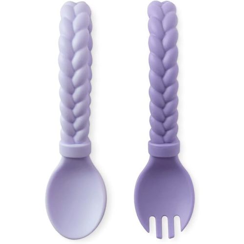 Itzy Ritzy Silicone Spoon & Fork Set; Baby Utensils Featuring a Baby Fork and Spoon with Looped, Braided Handles - Made of 100% Food Grade Silicone & BPA-Free - Ages 6 Months and Up (Amethyst/Purple)