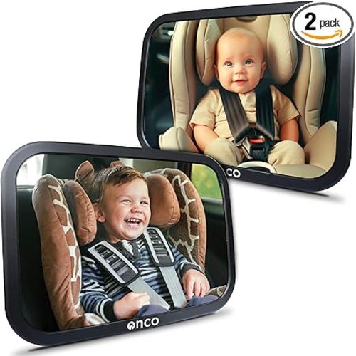 Onco Baby Car Mirror Rear Facing (2 Pack) - 100% Shatterproof & Shakeproof, Award-Winning Convex Car Mirror for Baby with 360° Rotation, Newborn Essentials (9.6 x 6.9 in)