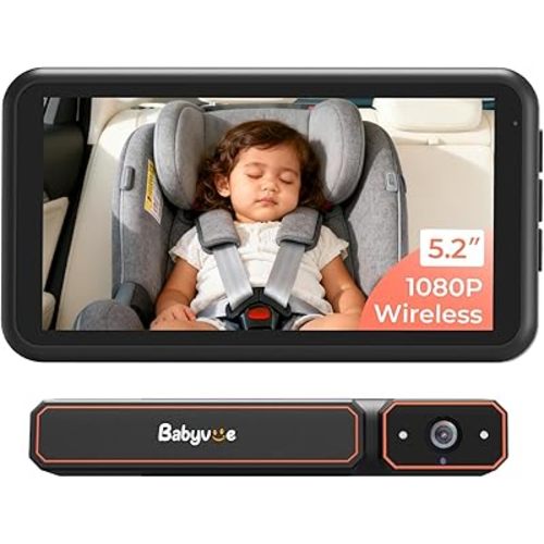 Babyvue BV6 Wireless Baby Car Camera Fast Setup, HD1080P No Wiring Car Baby Monitor with Auto IR Night Vision, 5.2" Display Backseat Camera 3X Zoom for Kids