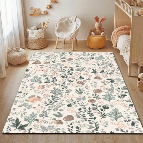 Forest Nursery Rug: Soft Kids Play Mat with Mushroom & Leaf Design