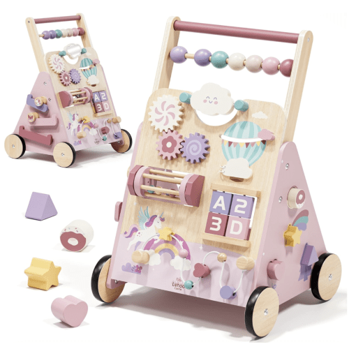 Lehoo Castle Unicorn Wooden Baby Walker, Adjustable Speed Baby Push Walker | Push Walker with 10-in-1 Activity Center, Montessori Walker Toy for 1 Year Old Girls Learning to Walk
