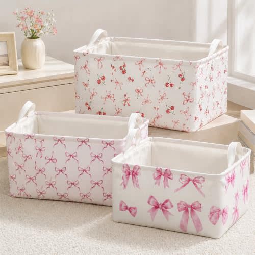 3 Pcs Pink Bow Storage Basket, Coquette Girls Rectangle Storage Bins Box with Handles, Bows and Chery Shelf Basket Ideal for Room Nursery Decor, Books, Organizing Clothes, Toys