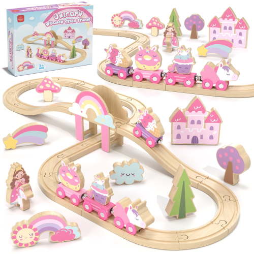 Train Set, 39 Pcs Wooden Train Set for Kids, Train Toy for Girls Boys 2 3 4 5 Year, Unicorn Train Track Set with 4 Magnetic trains & Accessories, Compatible with Other Brands