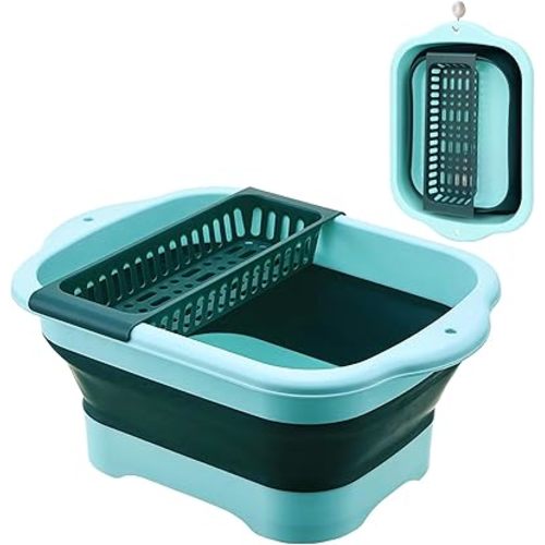 2.9 Gal(11L) Collapsible Dish Basin, Foldable Dish Tub & Dishpan for Kitchen Sink with Drain Plug, Outdoor Portable Wash Basin for Vegetable Washing, Camping, RV (Green)