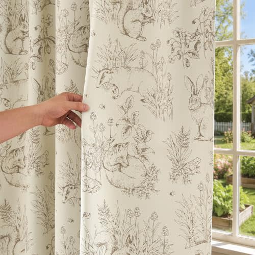 jinchan Taupe Blackout Curtains 84 Inch Woodland Back Tab 2 Panels | Room darkening,nursery kids bedroom,privacy,whimsical,cottagecore,bunny pattern,botanical,nature-inspired decor