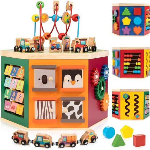 WOODMAM Large Activity Cube, Multipurpose Montessori Toy for 1-2 Year Old
