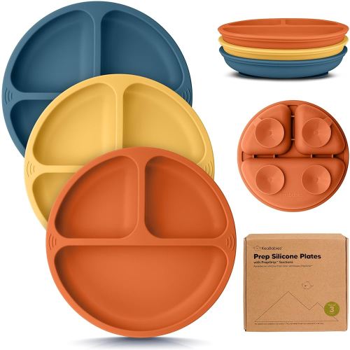 KeaBabies Suction Plates for Baby, Toddler - 3-Pack 100% Silicone Toddler Plates with Suction, Divided, BPA-Free Baby Led Weaning Essentials for Kids, Dishwasher, Microwave Safe, Durable (Valiant)