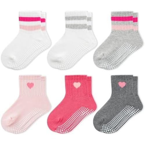 BONANGEL Baby Socks with Grips, 6 Pairs Combed Cotton Seamless Non Slip Crew Socks for Infant Toddler Girls Boys 0-5T