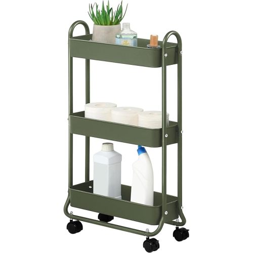 SunnyPoint Slim Rolling Storage Cart, 3 Tier Bathroom Storage Organizer Bathroom, Laundry Utility Cart (Army)