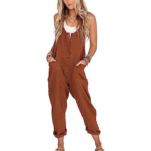 Yeokou Womens Overalls Linen Cotton Jumpsuits Loose Casual Jumpers with Pockets