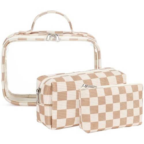 Bluboon 3Pcs Makeup Toiletry Bag for Women, Clear Packing Cubes Cosmetic Bag for Travel Women With Zipper Travel Essentials (Corduroy Checkered)