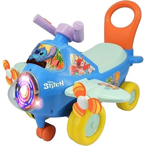 Kiddieland Disney Stitch Lights & Sounds Activity Plane Ride-On, Foot-to-Floor Toy with Interactive Dashboard, Rotating Propellers, Push Handle, for Toddlers 12–36 Months