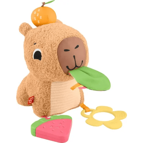 Fisher-Price Baby Sensory Toy Snuggly Snacky Capybara Plush with Newborn Teether & Rattle Activities for Infants Ages 3+ Months