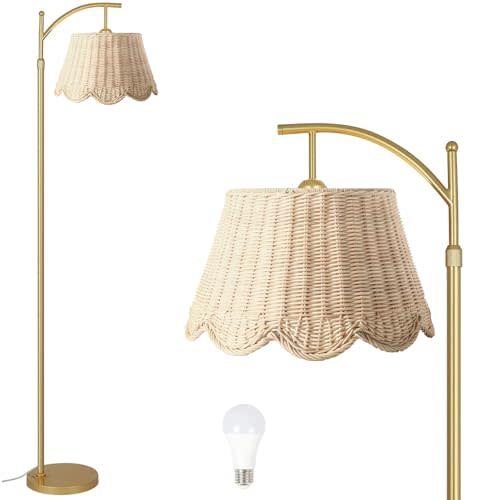 Quincry Arc Floor Lamp for Living Room,Rattan Boho Floor Lamp with Hand-Woven Wicker Shade, Foot Switch, Gold/Silvery Metal Base & Pole,Standing Lamp for Bedroom (Gold)