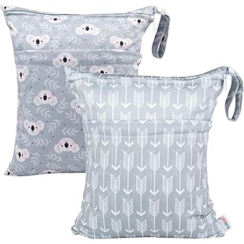 ALVA ALVABABY 2pcs Cloth Diaper Wet Dry Bags Waterproof Reusable with Two Zippered Pockets Travel Beach Pool Daycare Soiled Baby Items Yoga Gym Bag for Swimsuits or Wet Clothes L-YX3536