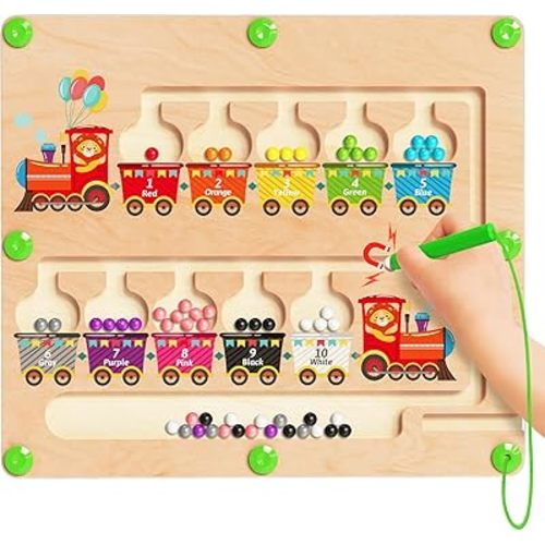 Magnetic Color and Number Maze, Montessori Toys for 2 3 4 Year Old, Wooden Color Matching Puzzle Board, Preschool Learning Activities Travel Toys for Ages 2-4 for Girls Boys Birthday Gifts - Train