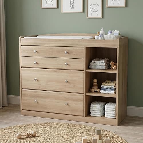 Changing Table Dresser for Nursery, 47.2”L Baby Dresser with 4 Drawers & Adjustable Open Shelves, 2-in-1 Diaper Changing Station with Removable Topper & Drawer Organizer, Natural Wood
