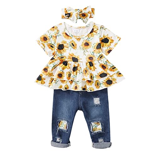 XUANHAO Baby Girl Clothes 12 18 24 Months Outfits For Infant Toddler Denim Girls' Clothing Ruffle Top Ripped Jeans Pant Sets