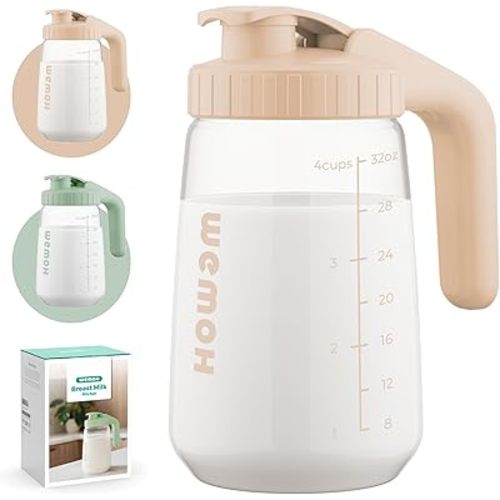 32oz Breast Milk Pitcher, 3X-Thick Heat & Cold Resistant Borosilicate Glass, Leakproof Breat Milk Fridge Storage Container with Wide Mouth & Ergo Grip, Dishwasher Safe, Fast Baby Formula Maker(Pink)