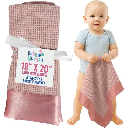 Thermal Waffle Knit Baby Blanket - Soft Breathable Mini Blanket for Newborns and Infants - Toddler Blankey for Strollers, Travel, Naptime, Nursery and More - 18" x 20" (Pink, Satin Trim)