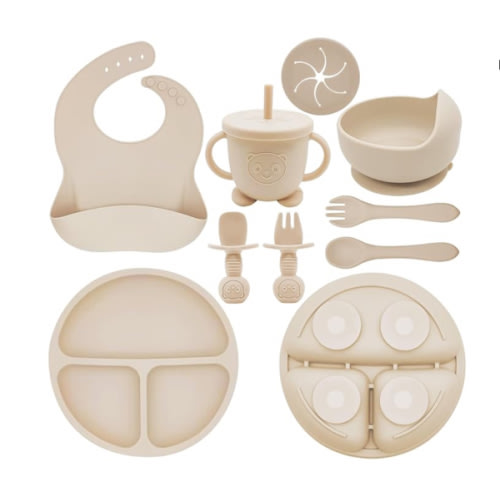 Silicone Baby Feeding Set | Baby Led Weaning Supplies Includes Suction Bowls and Divided Plates, Adjustable Bib, Baby Utensils Spoons and Forks,Cup | Baby Feeding Essentials (Beige)
