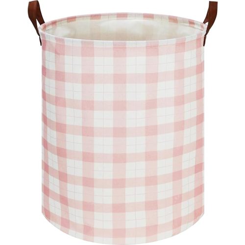 CLOCOR Kids Laundry Basket,Waterproof Baby Boys Nursery Hamper,Collapsible Fabric Storage Container,Toys Bin,Room Decor,Gift Basket（Pink Grid
