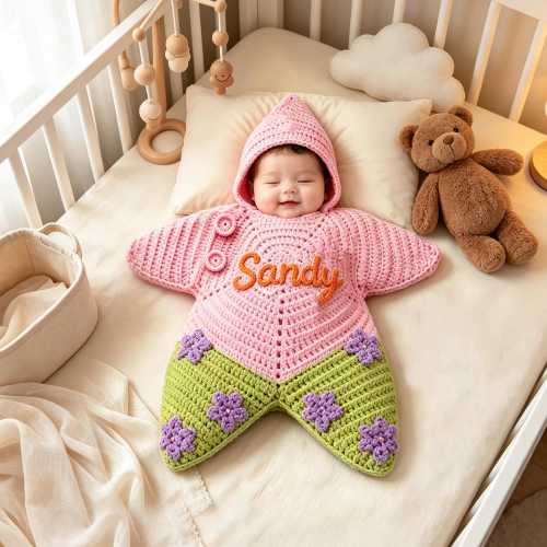 Cozy Crochet Starfish Baby Sleeping Bag, Infant Sleep Sack, Soft Handmade Baby Wear, Custom Name Bodysuit, Newborn Gift for Fall Winter