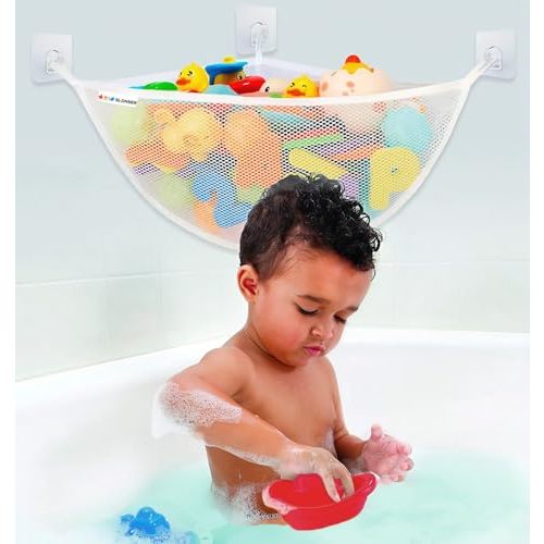 Bath Toy Holder Corner, Kids Bath Toy Net for Tub, Bathtub Holder Basket, Storage Bin Hammock Organizer, Shower Caddy Hanging Mesh Bag, Baby Bathroom Storage with 3 Suction Cups 3 Adhesive Wall Hooks