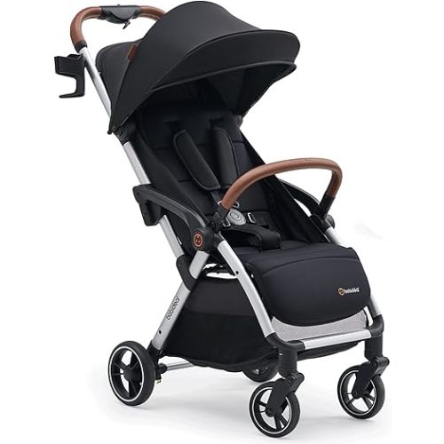 Babideal Lightweight Travel Stroller for Baby, Self-Folding Toddler Stroller with Large Canopy, Full-Reclining Seat, Cup Holder Included - Newborn to 50lbs. (Black)