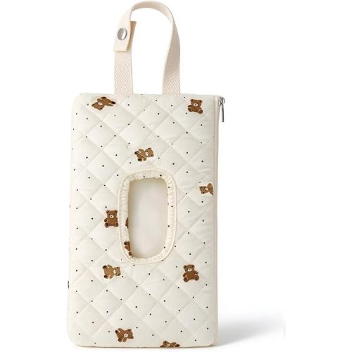 Quilted Baby Wipe Holder Portable Hanging Wipe Pouch for Travel (Bear)