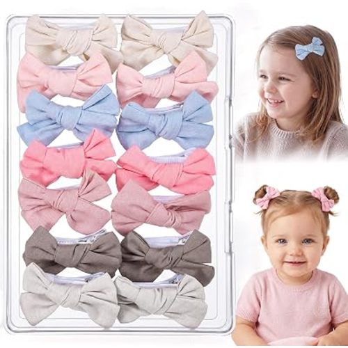 Needbrock 14Pcs Baby Girl Hair Bow Clips Set, 2Inch Soft Cotton Linen Toddler Hair Accessories for Girls Kids Infant Baby Barrettes Hairbows Gifts
