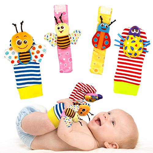 Wrist Rattles Foot Finder Rattle Sock Baby Toddlor Toy,Rattle Toy,Arm Hand Bracelet Rattle,Feet Leg Ankle Socks,Activity Rattle Present Gift for Newborn Infant Babies Boy Girl Bebe (4 bugs)