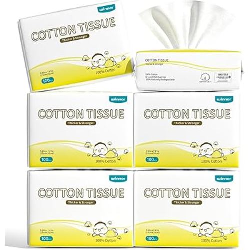Winner 100% Cotton Dry Wipes, USDA Certified Baby Wipes, 600 Count, Soft & Gentle, Hypoallergenic & Unscented for Baby Sensitive Skin, Use Wet/Dry for Diaper Changes, Meals & Cleanup, Pack of 6