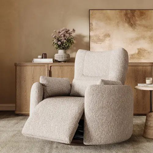Swivel Power Barrel Recliner, Power Zero Gravity Barrel Chair with Button Control for Living Room & Office, Beige Chenille